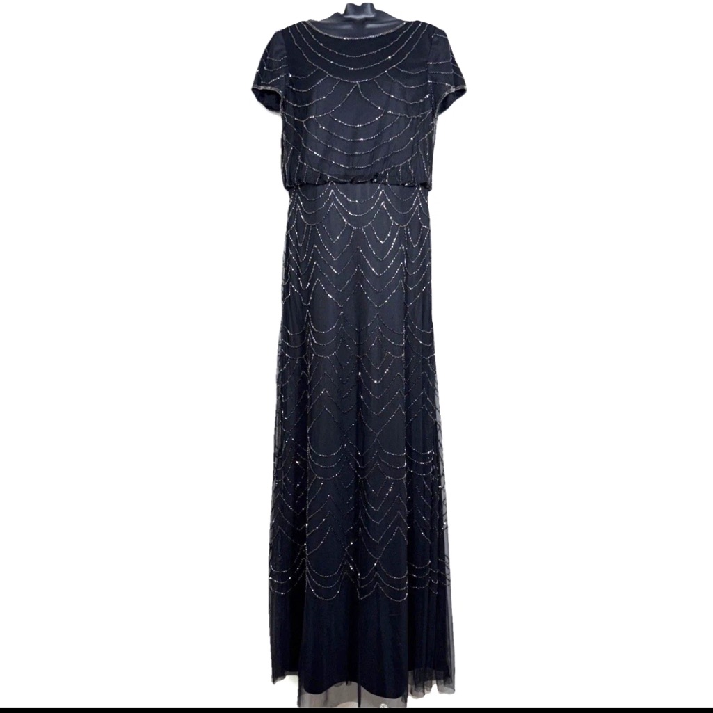 Adrianna Papell 8 Formal Dress Black Sequin Beaded Gown Mesh Overlay Full Lengt